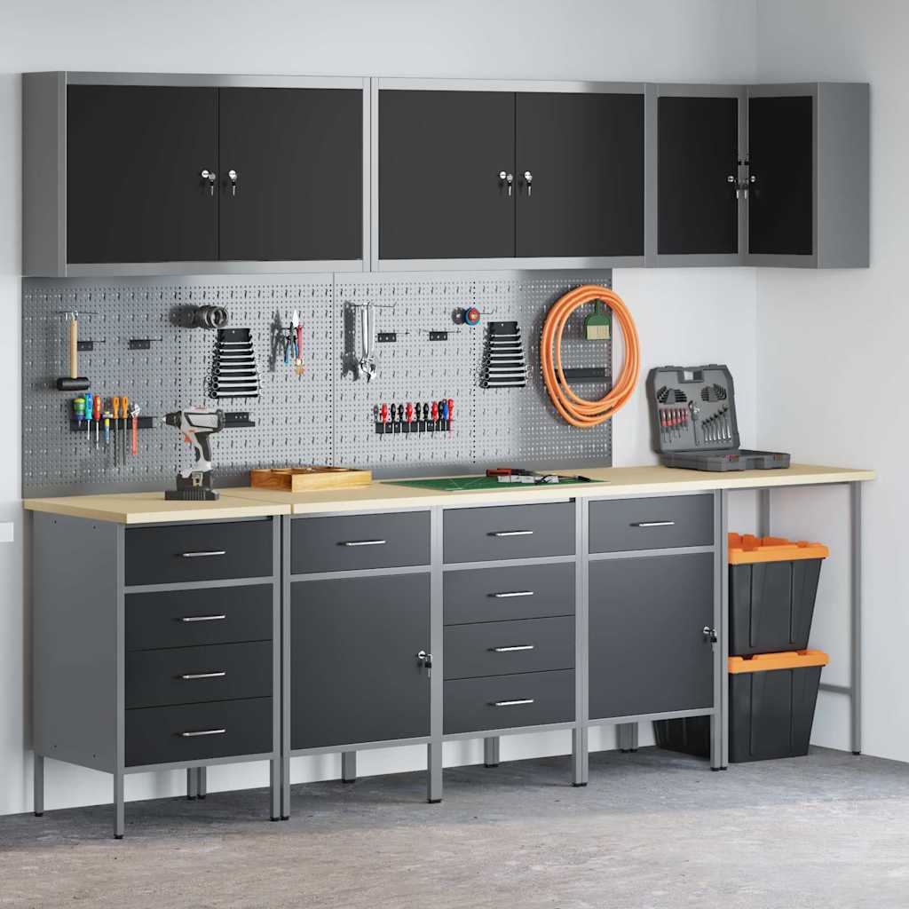 12 Delt Værkstedsskab og Pegboard Sæt Sort MDF og Metal
