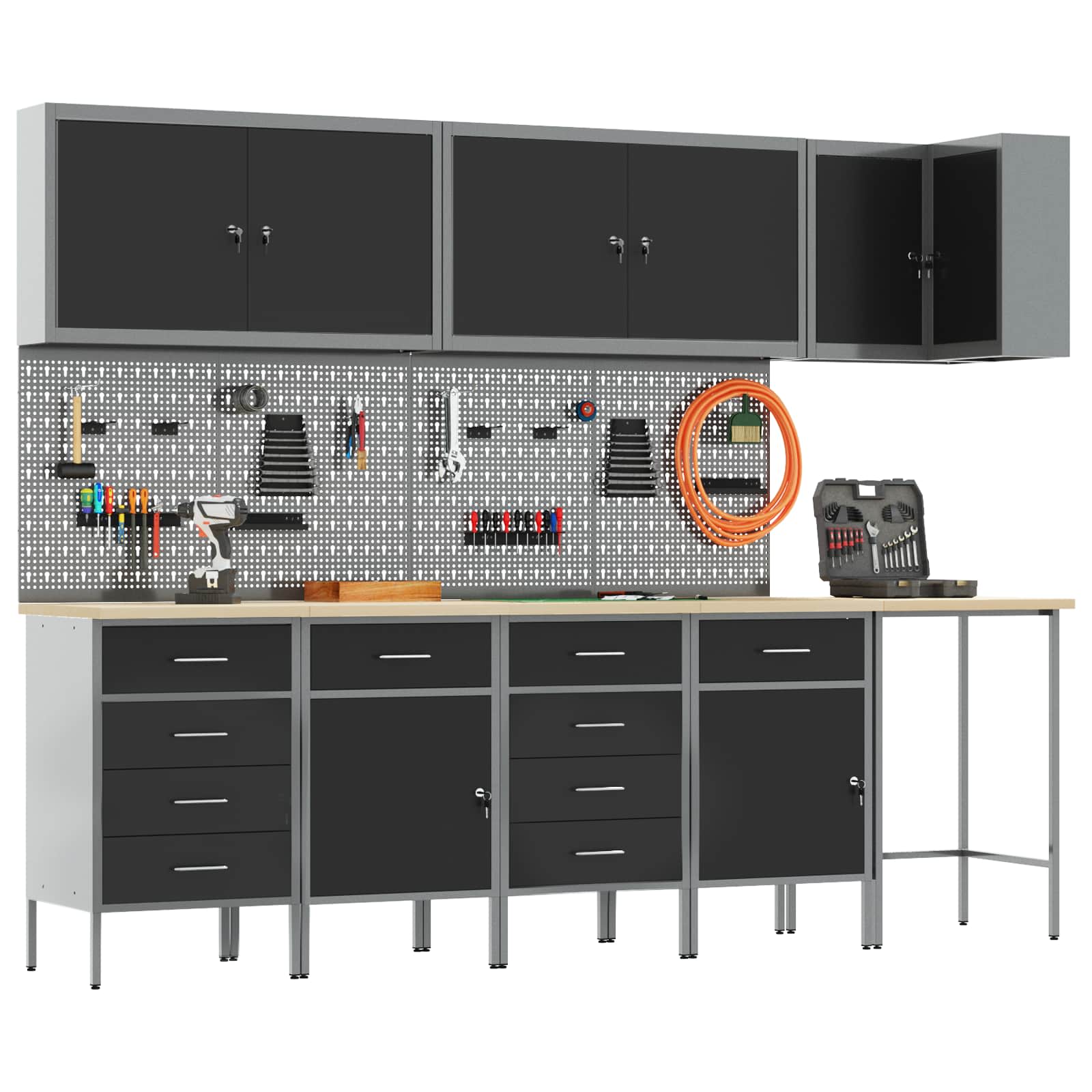 vidaXL - Werkkast - Set - met - lade - met - plank - met - opslag - 12 - st - Zwart - en - Grijs