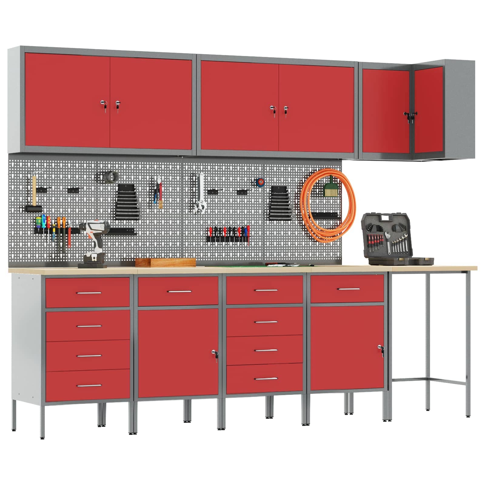 vidaXL - Werkkast - Set - met - lade - met - plank - met - opslag - 12 - st - Rood - en - Grijs