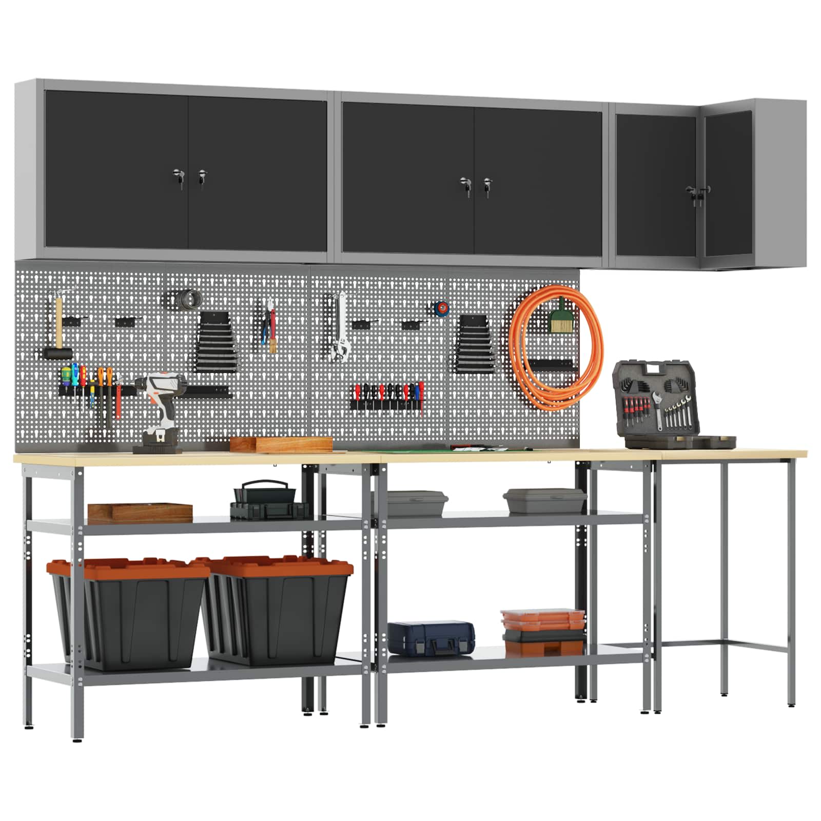 Darba skapju komplekts ar plauktu 10 pcs Melns un pelēks