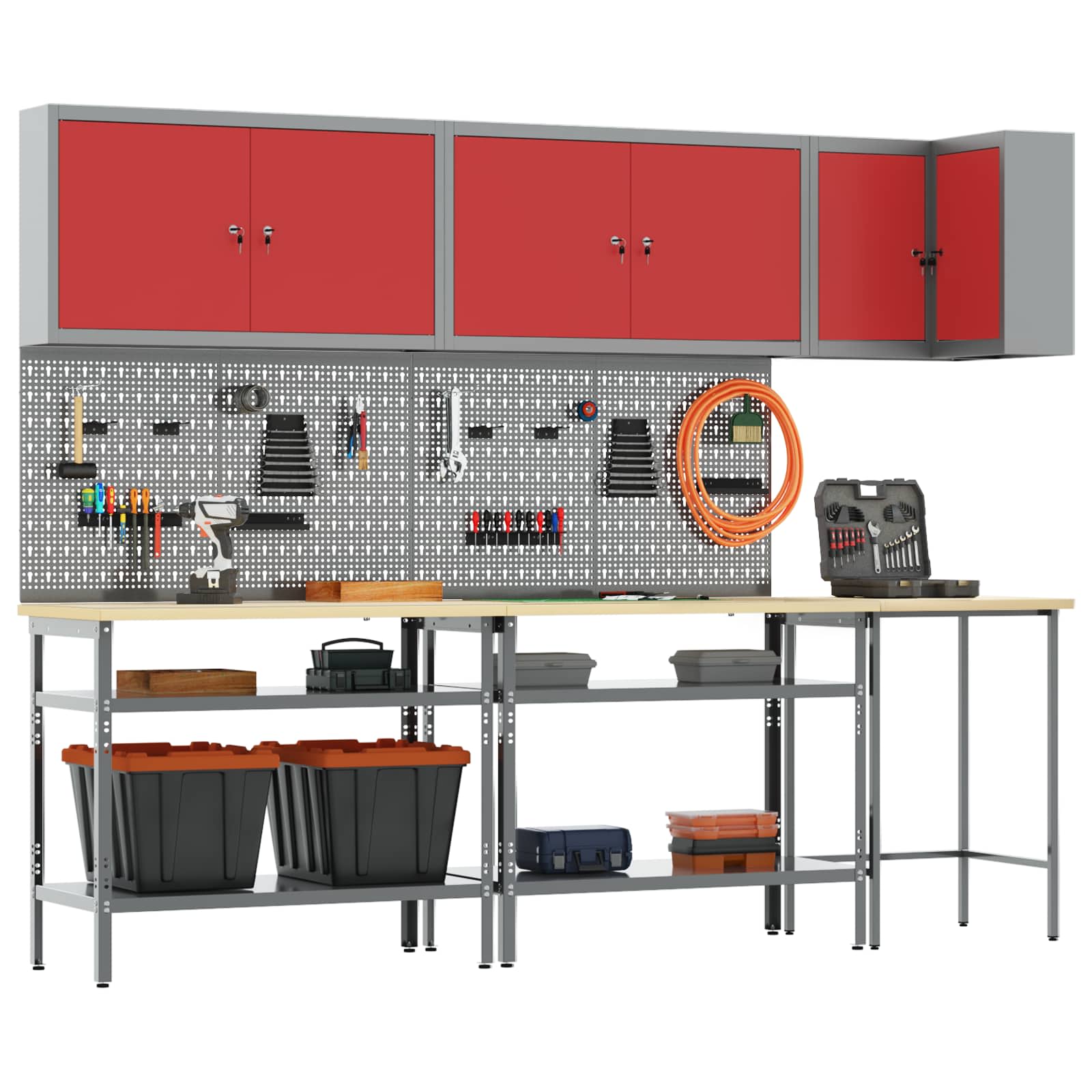 Darba skapju komplekts ar plauktu 10 pcs Sarkans un pelēks