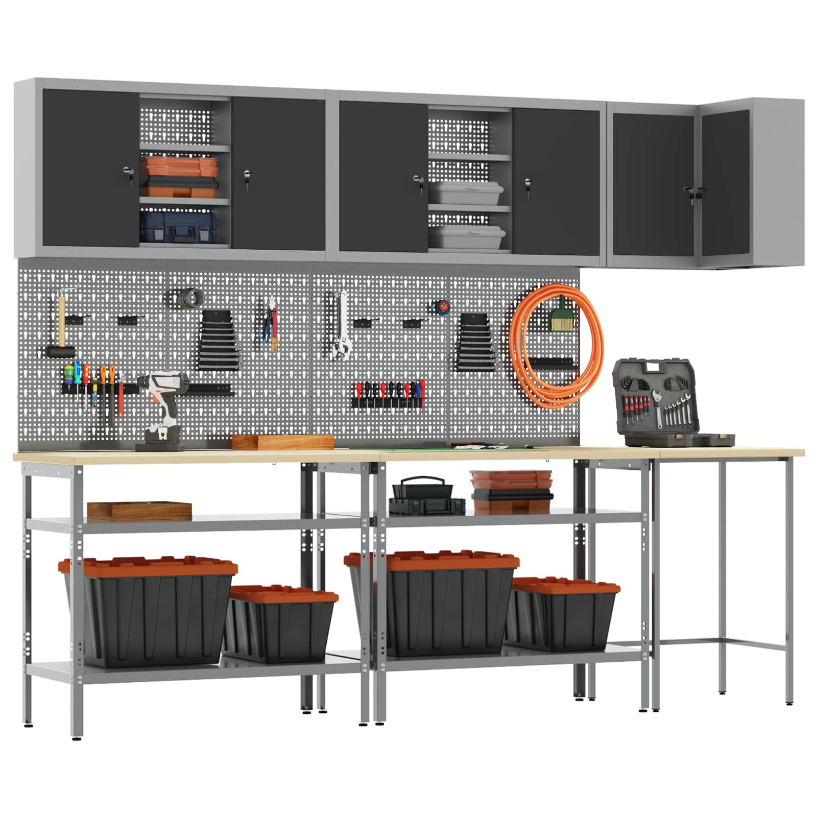 Darba skapju komplekts ar plauktu 10 pcs Melns un pelēks