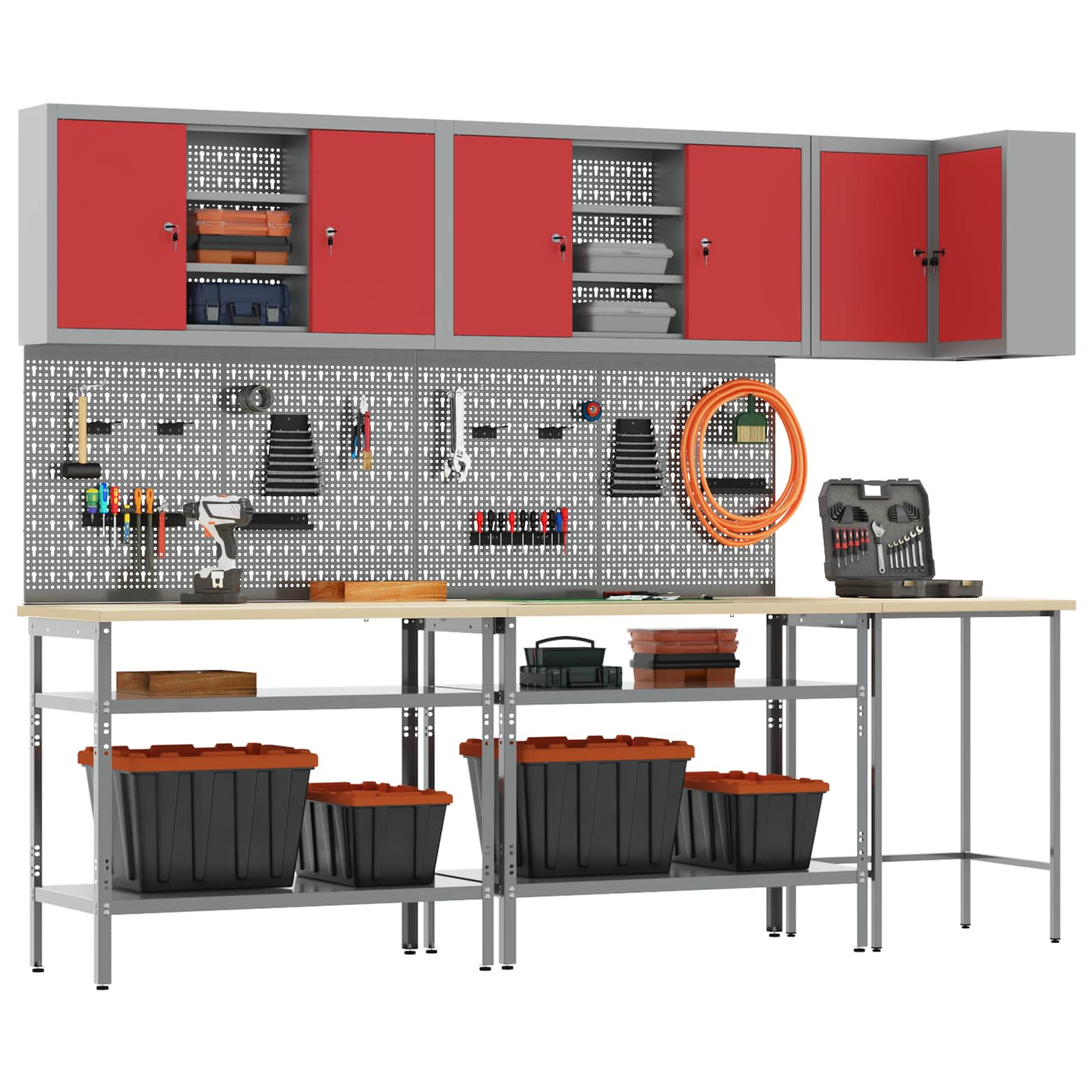 Darba skapju komplekts ar plauktu 10 pcs Sarkans un pelēks