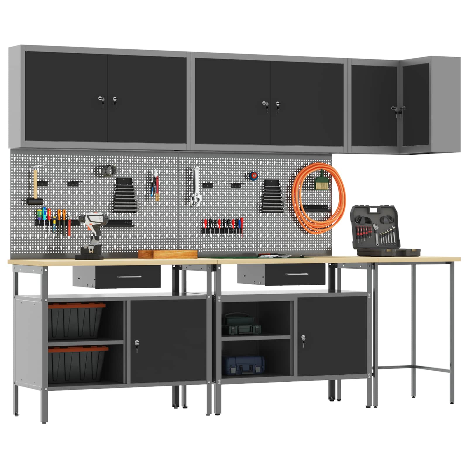 Darba skapju komplekts ar atvilktni 10 pcs Melns un pelēks