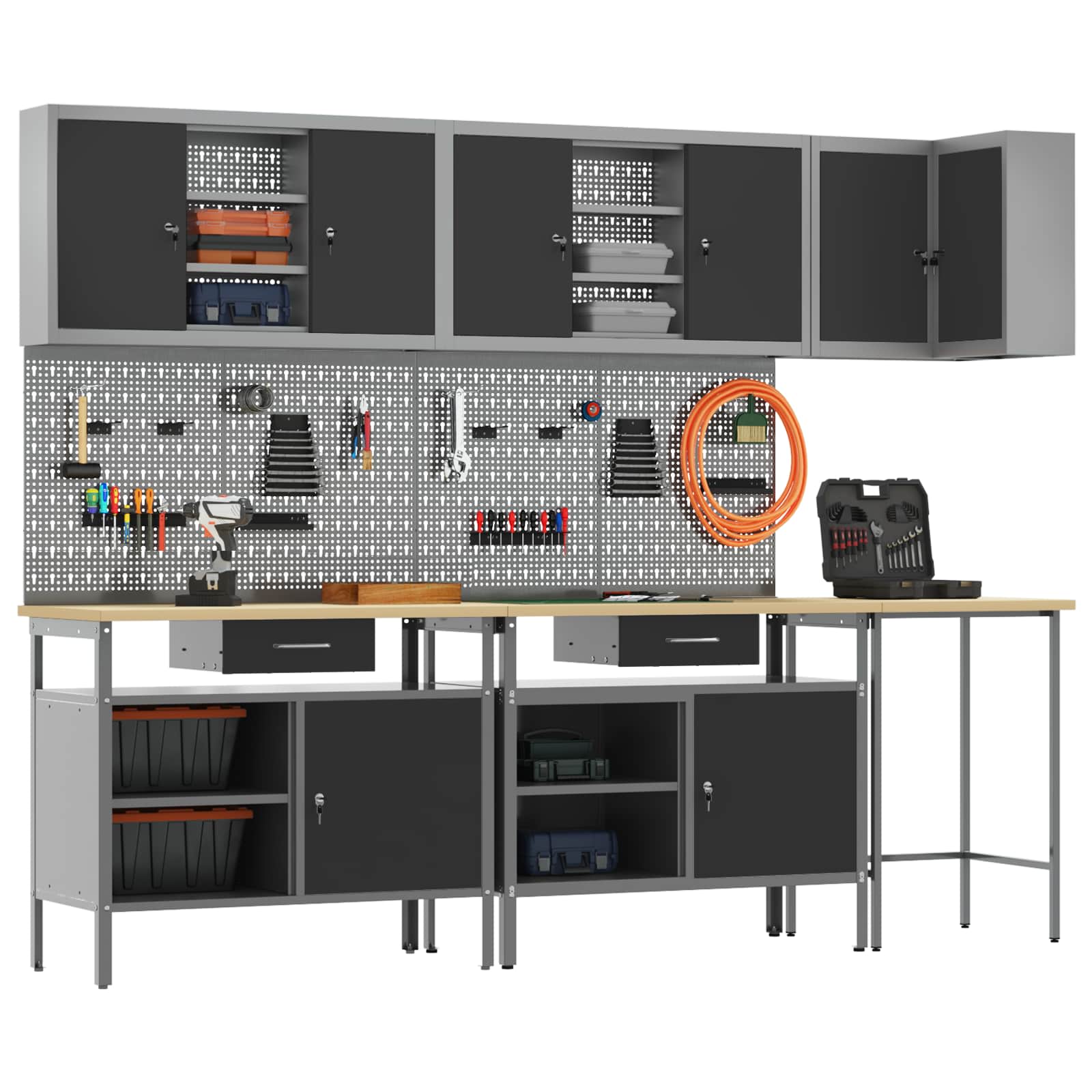 Darba skapju komplekts ar atvilktni 10 pcs Melns un pelēks