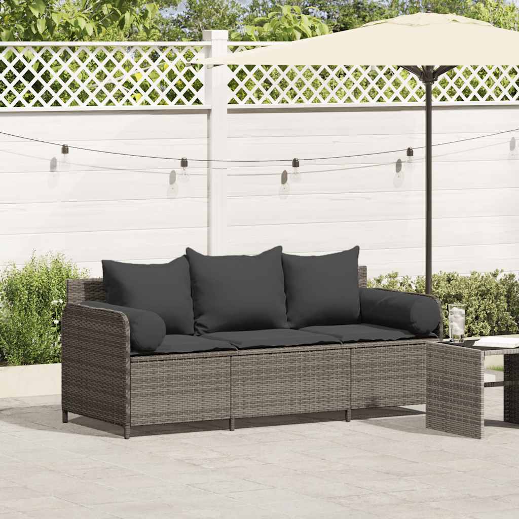 vidaXL Gartensofa mit Kissen 3-Sitzer Grau Poly Rattan
