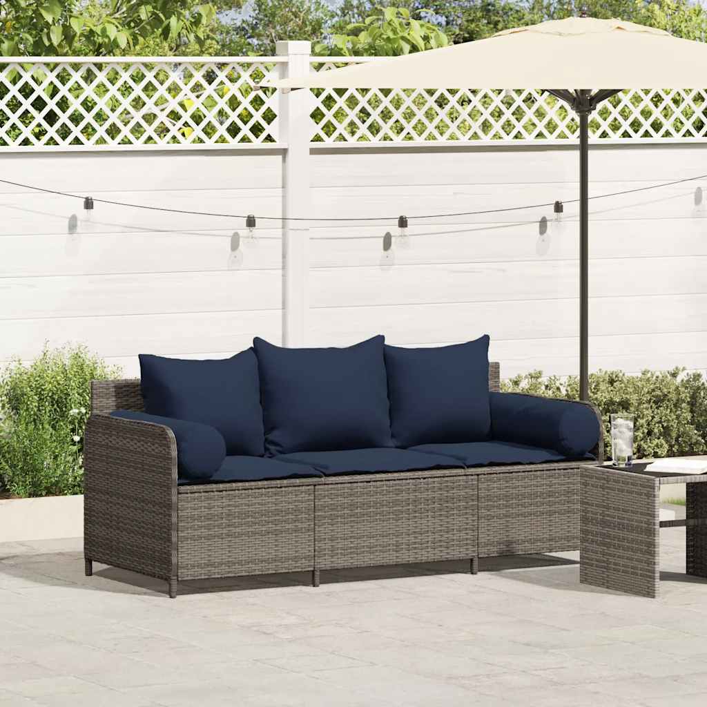 vidaXL Gartensofa mit Kissen 3-Sitzer Grau Poly Rattan