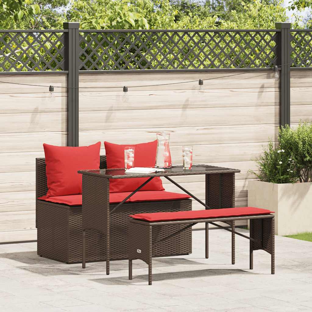 3 Piece Patio Dining Set with Cushions Brown Poly Rattan