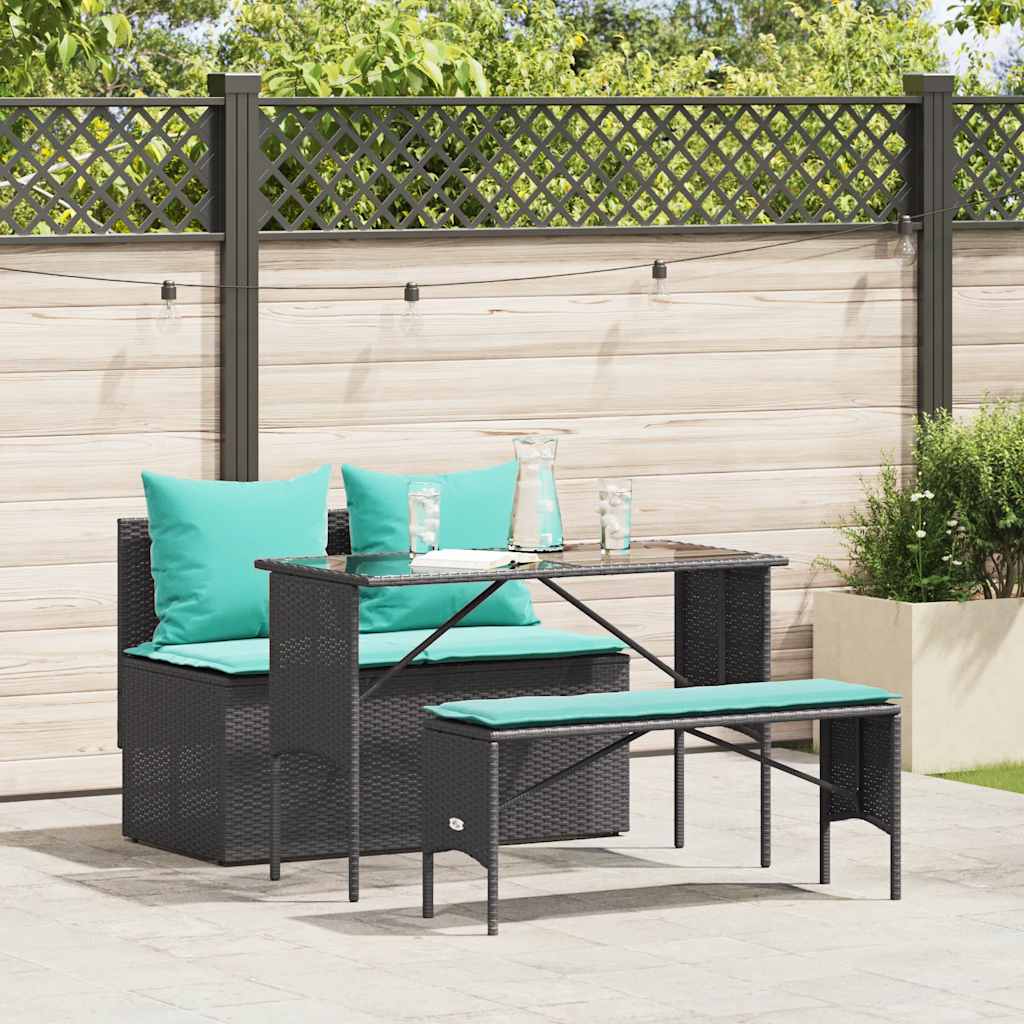 3 Piece Patio Dining Set with Cushions Black Poly Rattan