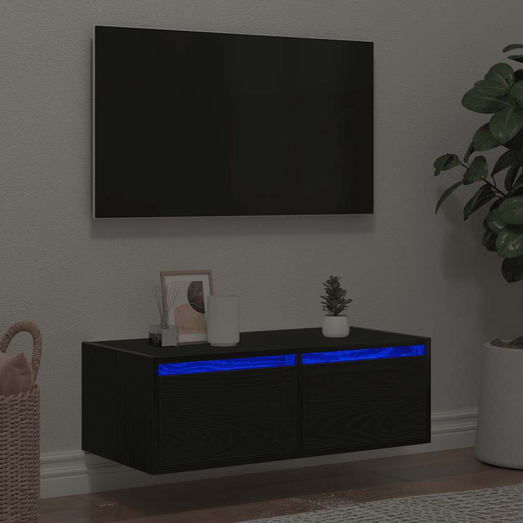 vidaXL Dulap TV cu lumini LED Stejar negru 75x35,5x25 cm