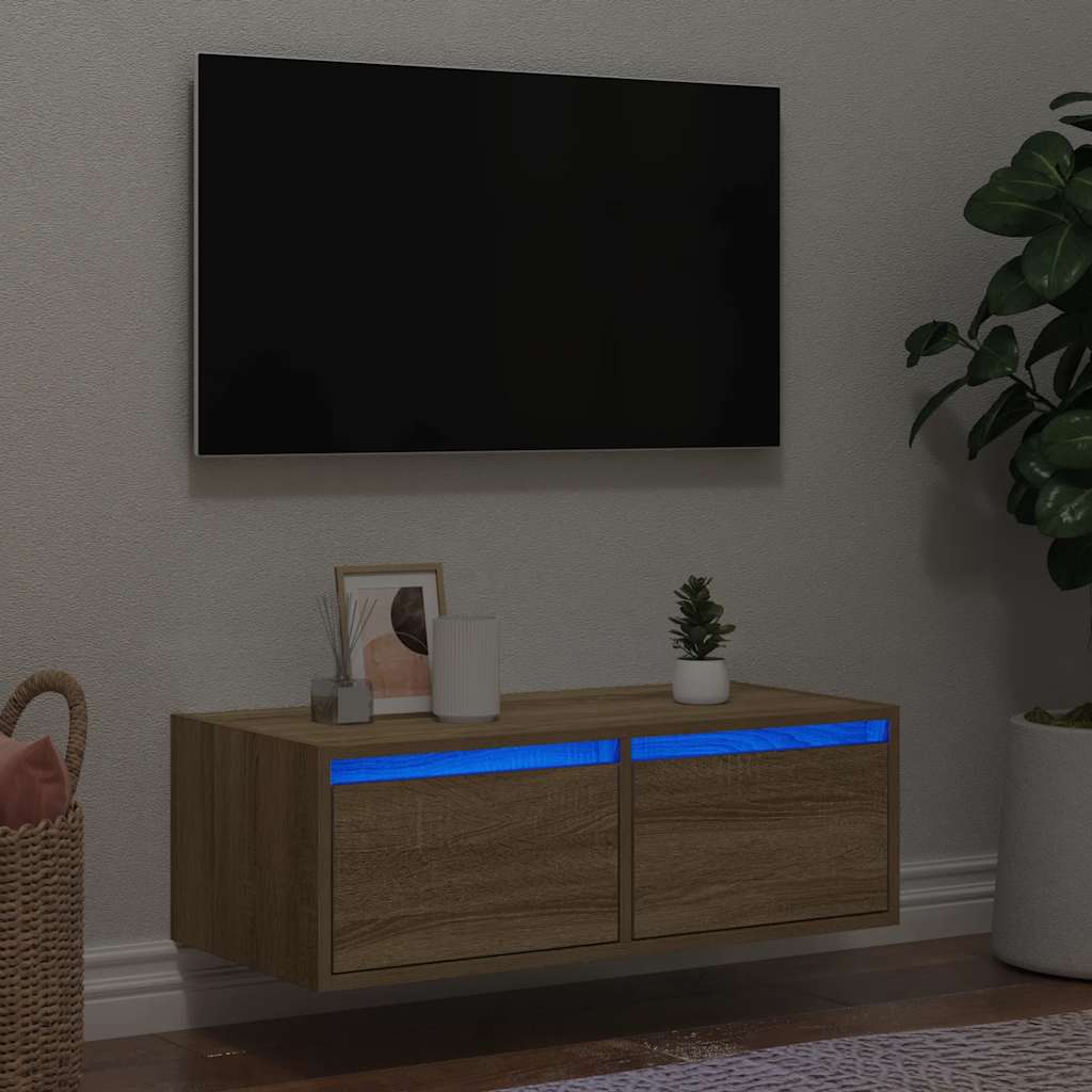 vidaXL Comodă TV cu lumini LED, stejar sonoma, 75x35,5x25 cm