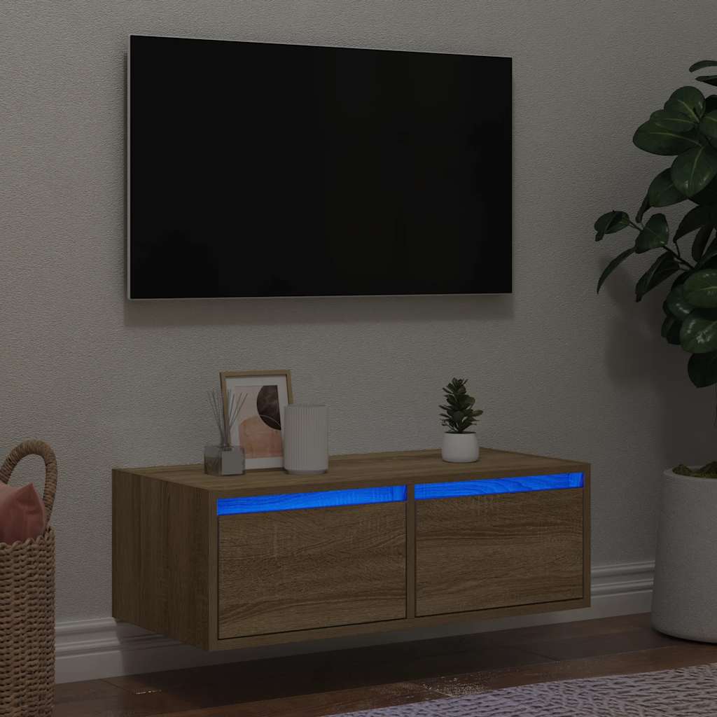 vidaXL Comodă TV cu lumini LED, stejar sonoma, 75x35,5x25 cm