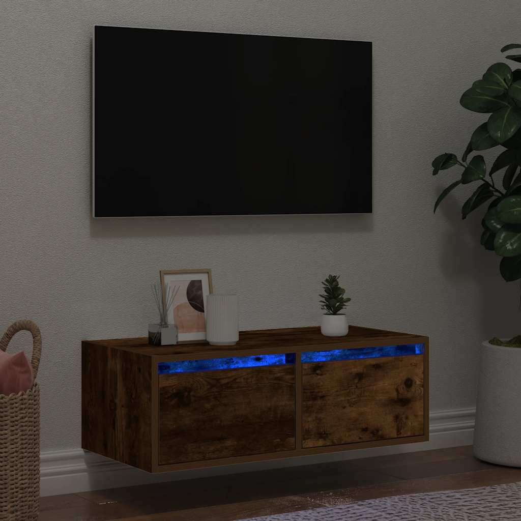 vidaXL Comodă TV cu lumini LED, stejar fumuriu,75x35,5x25 cm