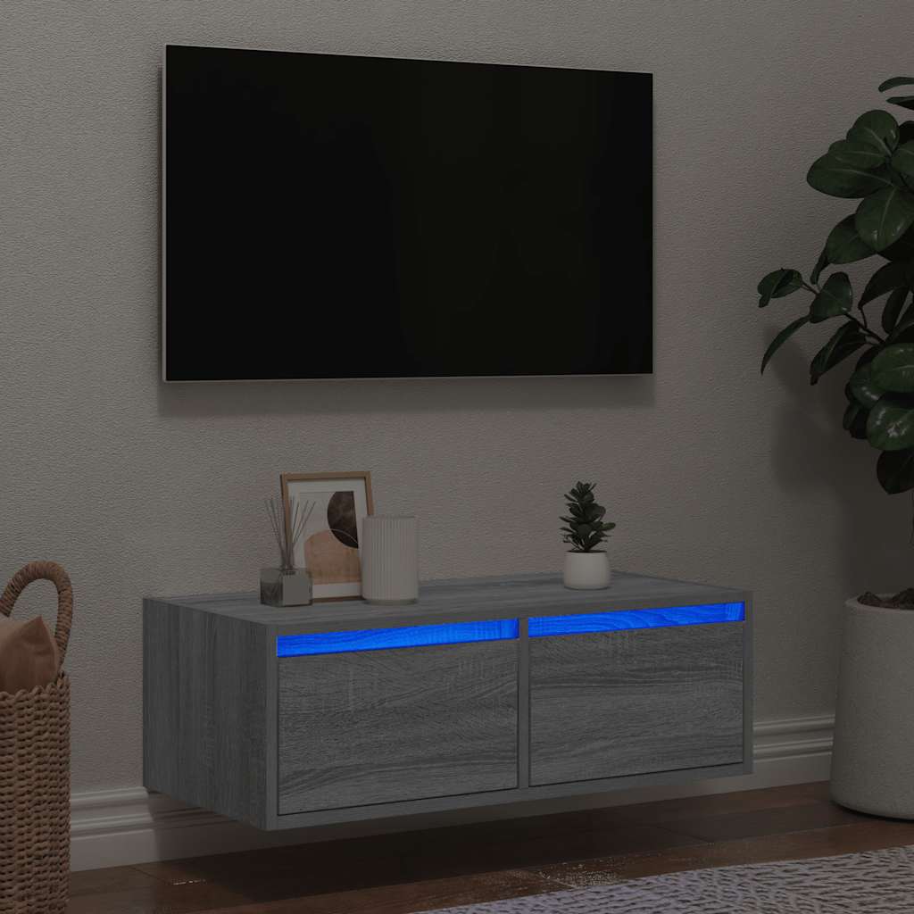 vidaXL Comodă TV cu lumini LED, gri sonoma, 75x35,5x25 cm