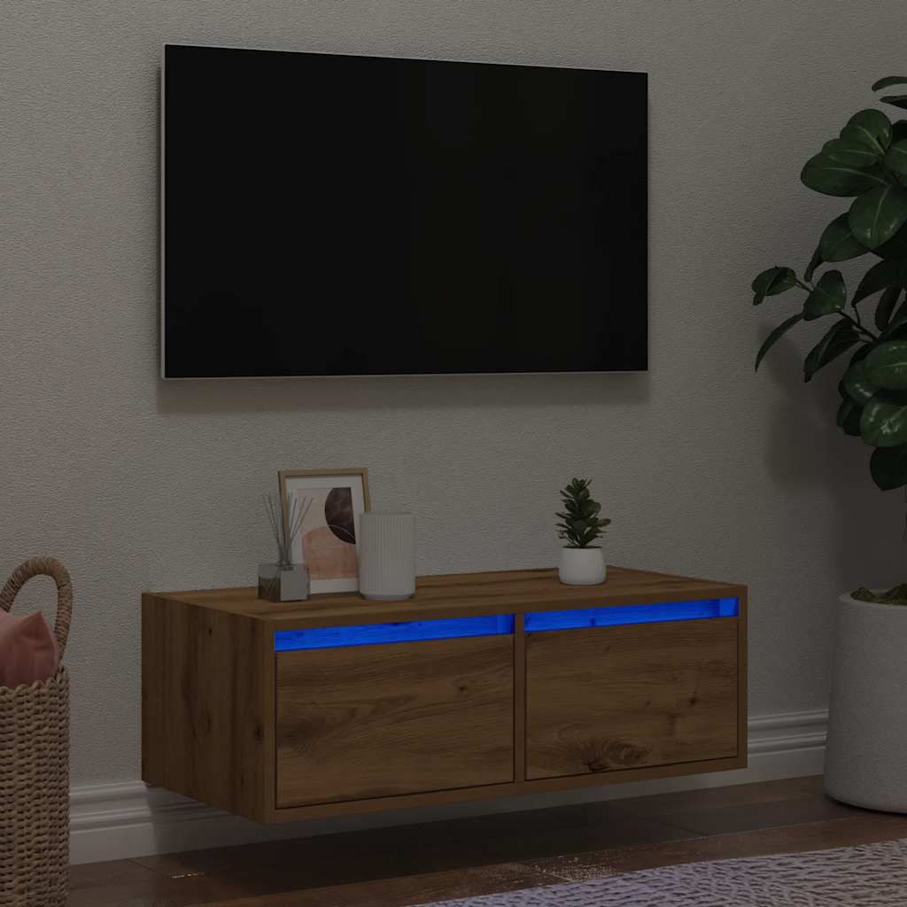 vidaXL Comodă TV cu lumini LED, stejar artizanal, 75x35,5x25 cm