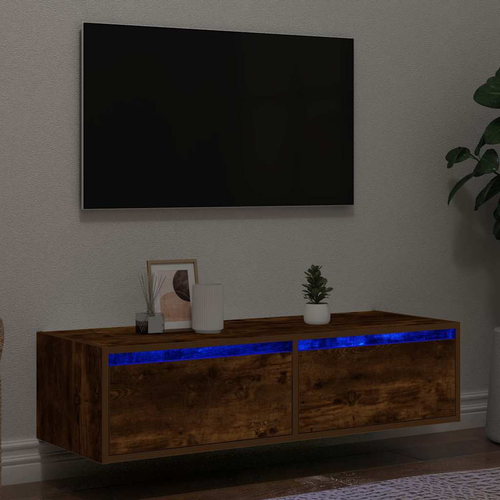 vidaXL Comodă TV cu lumini LED, stejar fumuriu,100X35,5x25 cm