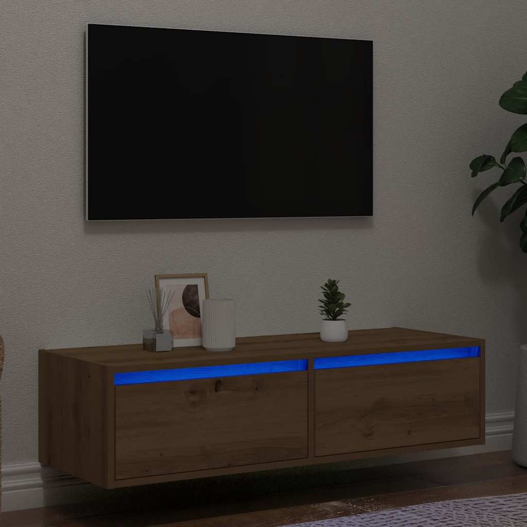 vidaXL Comodă TV cu lumini LED, stejar artizanal, 100X35,5x25 cm