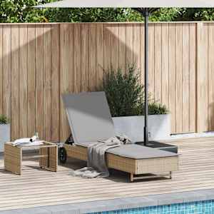 Zahradní lehátko s kolečky a poduškou béžové polyratan - obrázek 1
