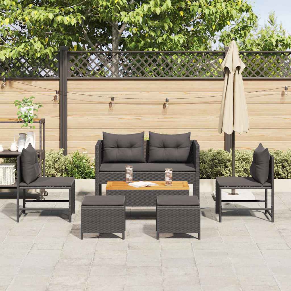 vidaXL 6-delige tuinset met kussens in zwart poly rattan