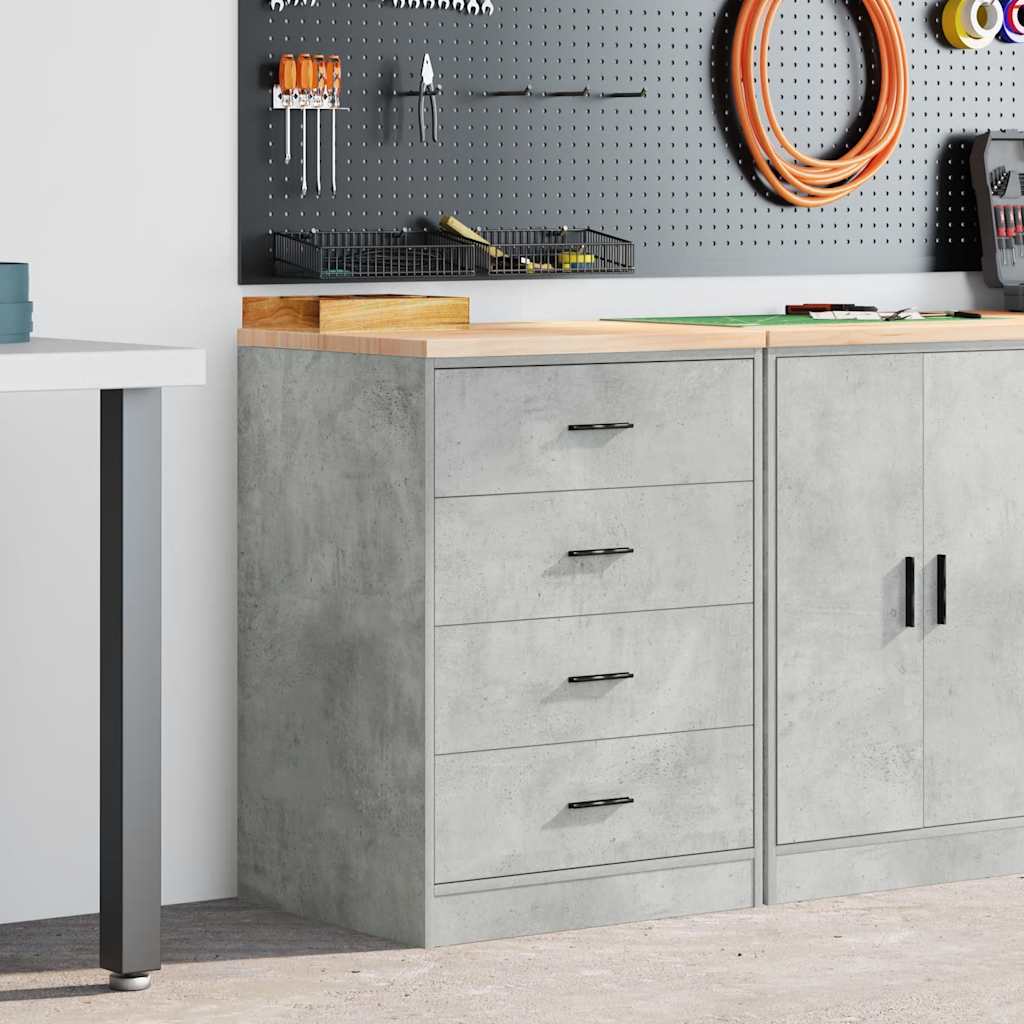 Garageopbevaringsskab med 4 skuffer - betongrå, 60 × 51 × 85 cm, bordplade i massivt fyrretræ