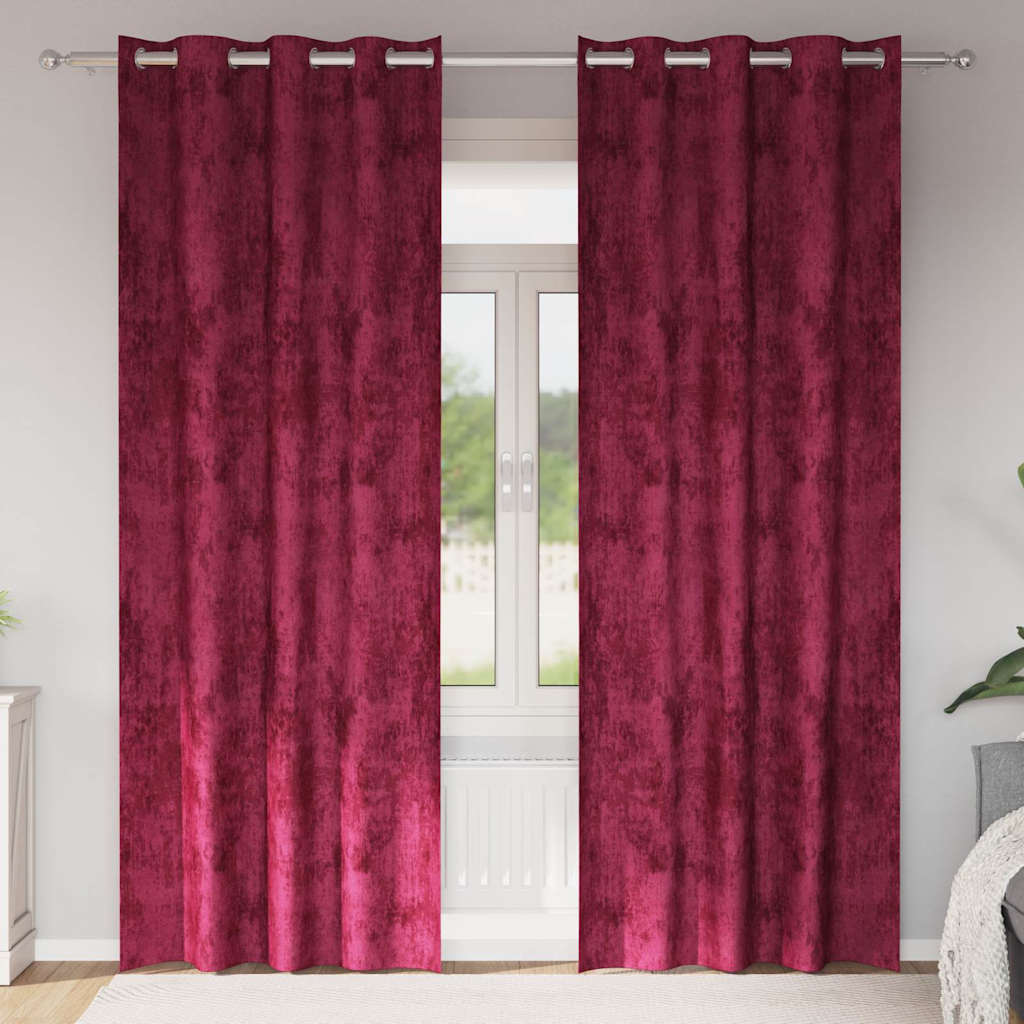 Velvet Gardiner 2 stk. med Øjekanter Vinrød 245x140 cm