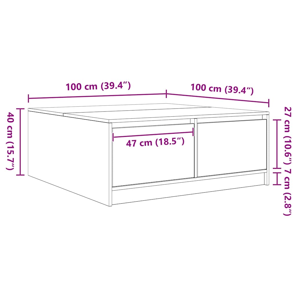 Kavna mizica s predali betonsko siva 100x100x40 cm - slika 13