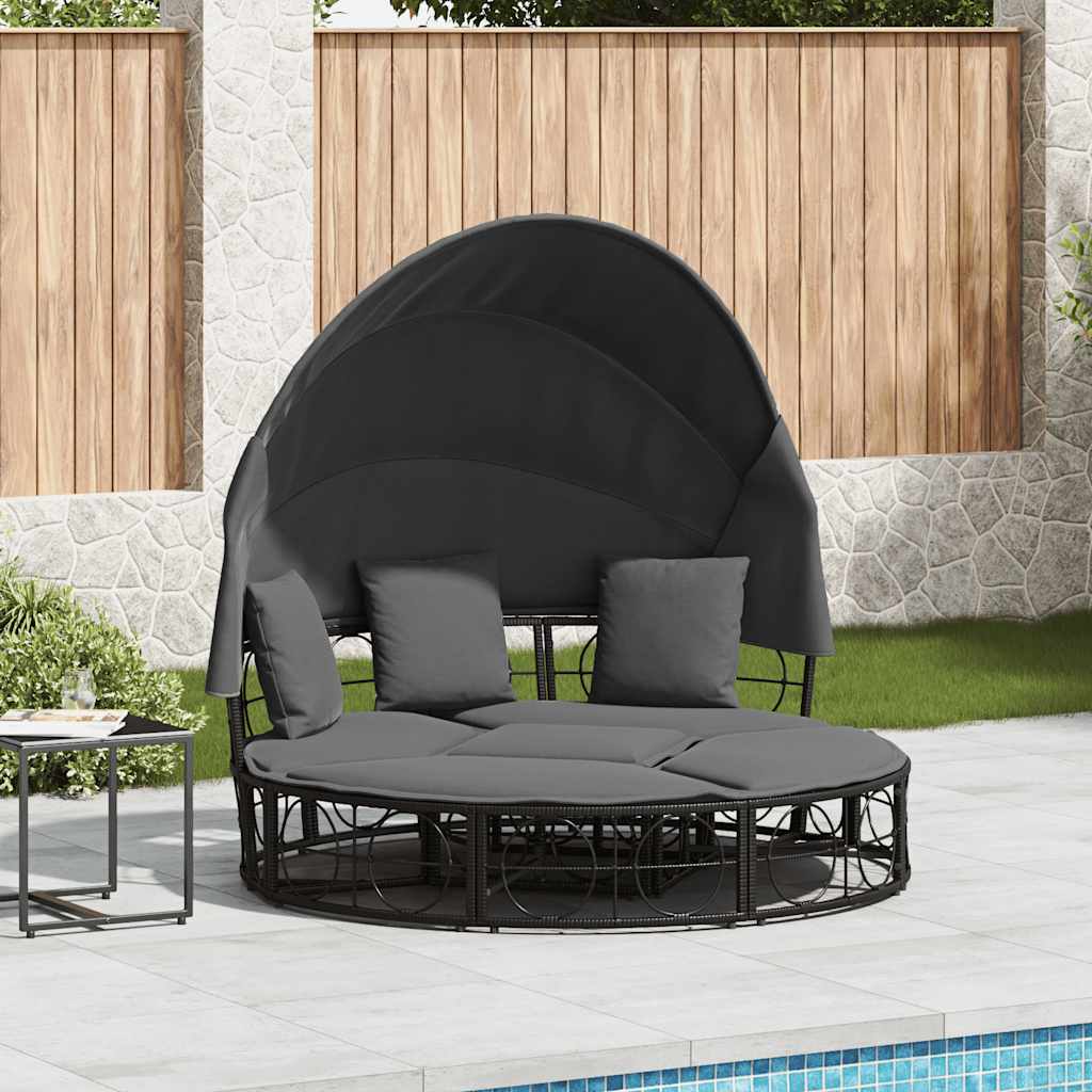 vidaXL Outdoor-Loungebett mit Dach und Kissen Schwarz Poly Rattan