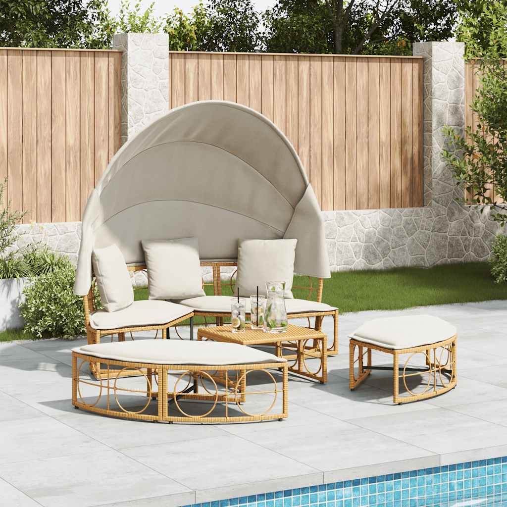 vidaXL polyrattan kültéri napozóágy napellenzővel és párnákkal