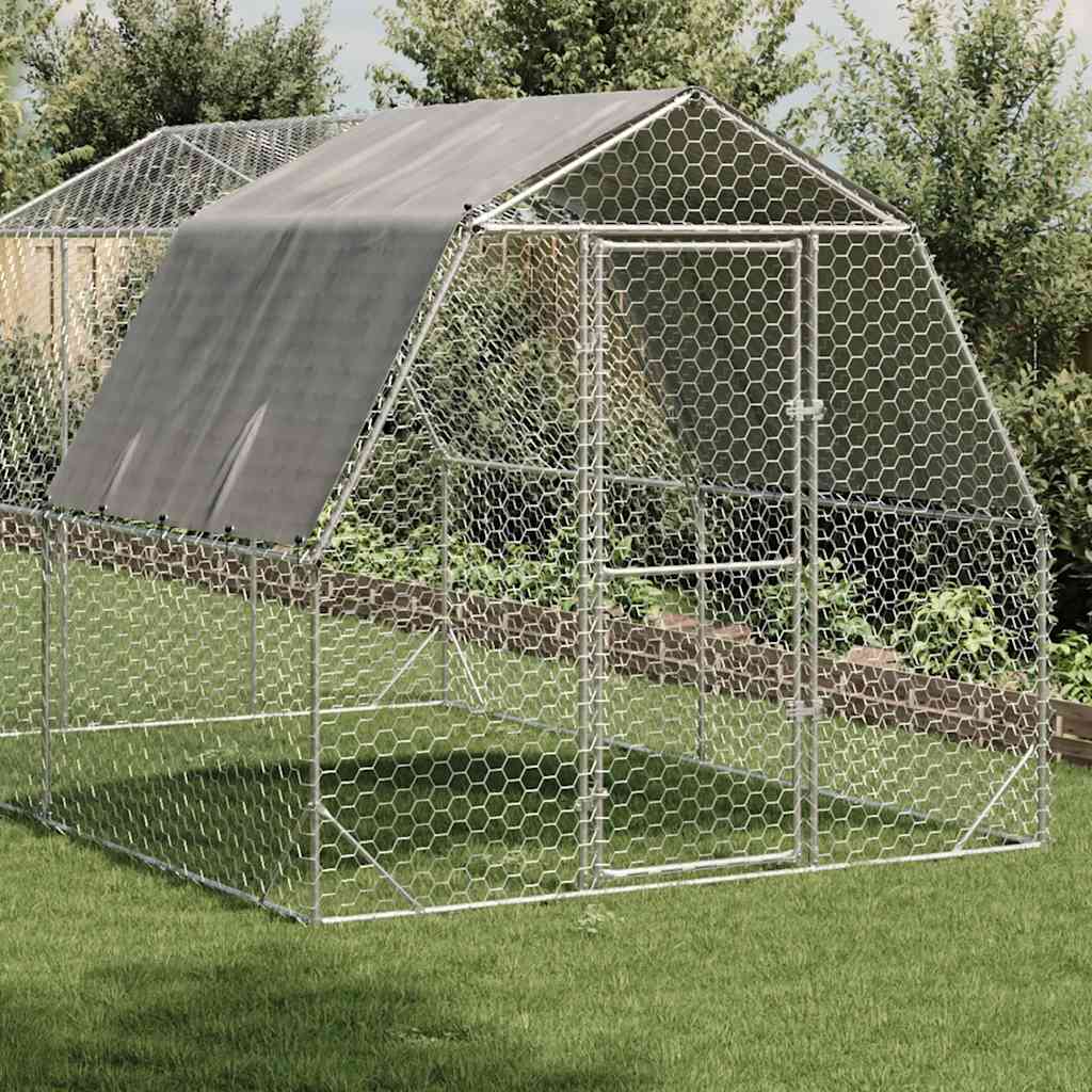 Hønsegård med tag 2,5 × 4 × 2,25 m - galvaniseret stål, walk-in