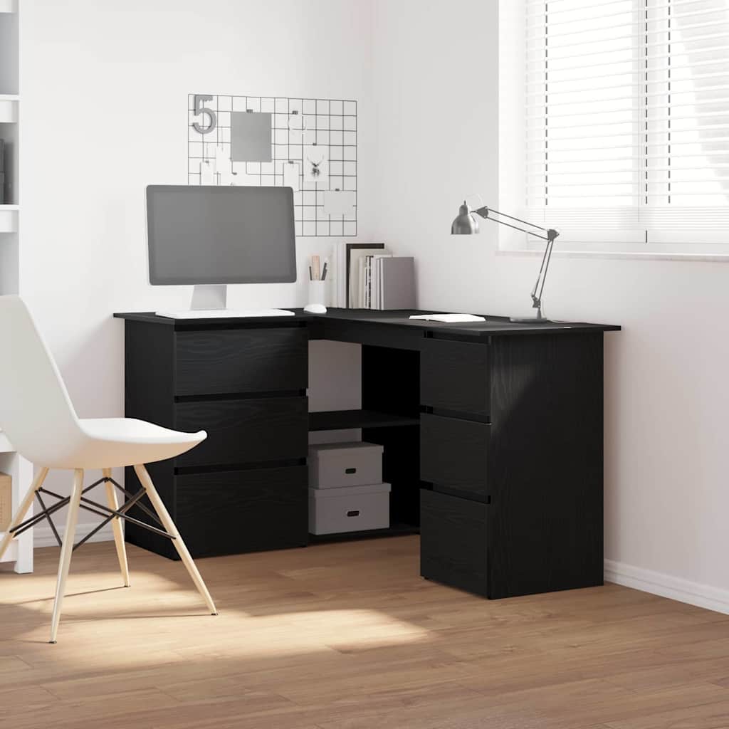 Bureau d'angle noir en chêne vidaXL, 145x100x76 cm, fait de bois d'ingénierie