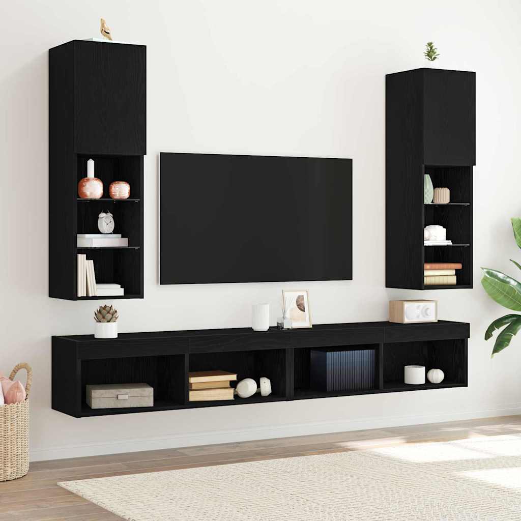 LED-TV-kaappi 2 kpl Musta Tammi 30,5x30x102 cm Tekninen puu
