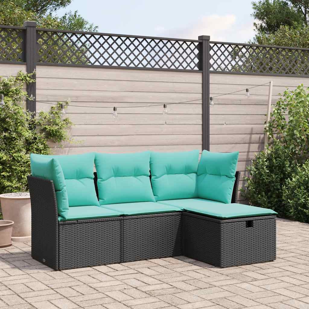 vidaXL Set mobilier de grădină cu perne, 4 piese, negru, poliratan