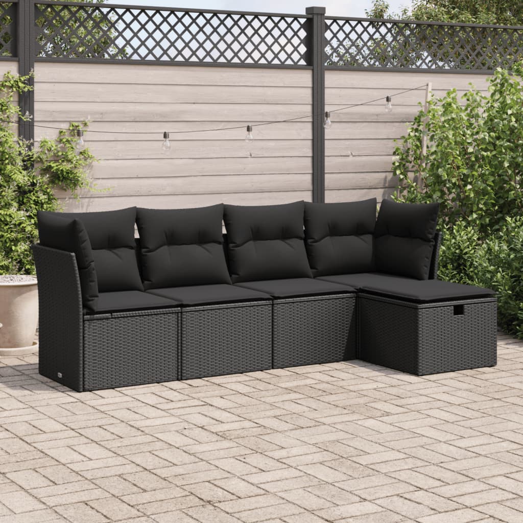 vidaXL 5-tlg. Garten-Sofagarnitur mit Kissen Schwarz Poly Rattan