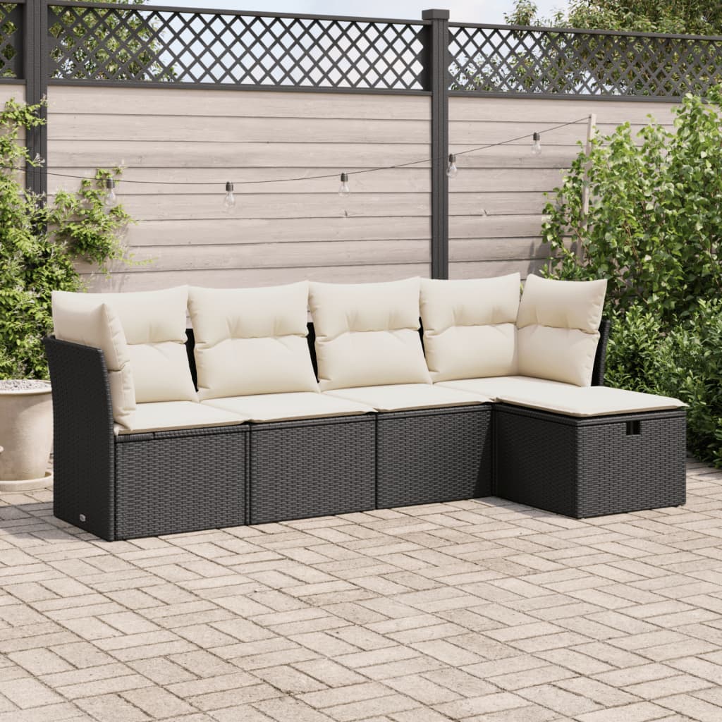 vidaXL 5-tlg. Garten-Sofagarnitur mit Kissen Schwarz Poly Rattan