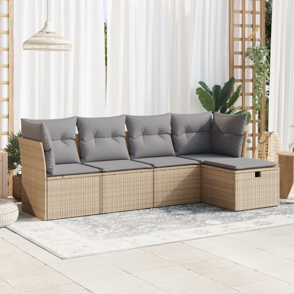 vidaXL 5-tlg. Garten-Sofagarnitur mit Kissen Beige Poly Rattan