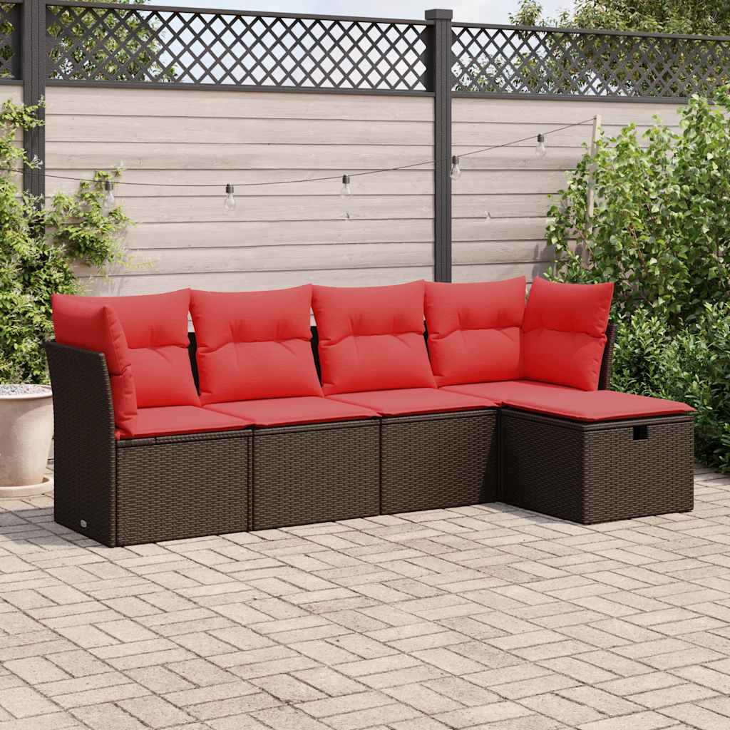sofasæt til haven 5 dele med hynder polyrattan brun