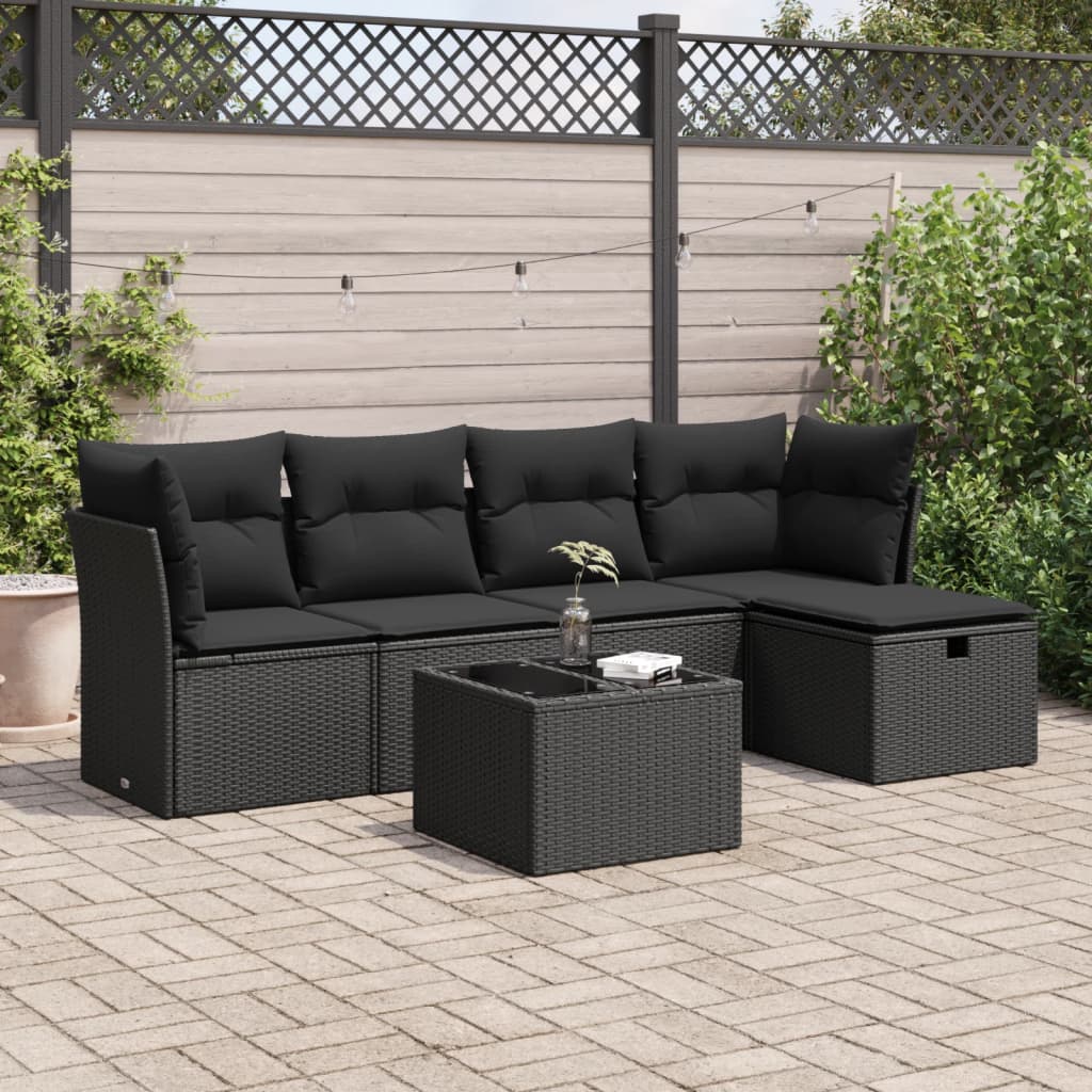 vidaXL 6-tlg. Garten-Sofagarnitur mit Kissen Schwarz Poly Rattan