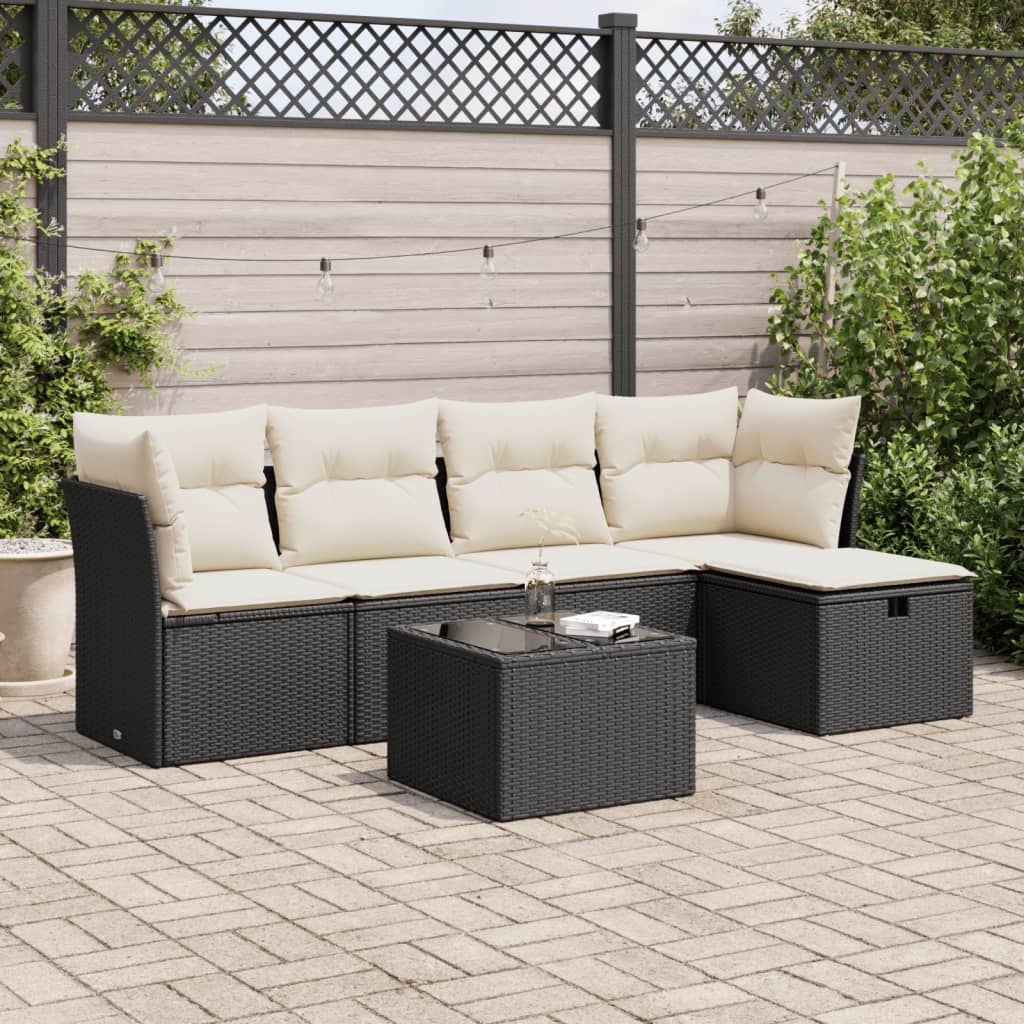 vidaXL 6-tlg. Garten-Sofagarnitur mit Kissen Schwarz Poly Rattan