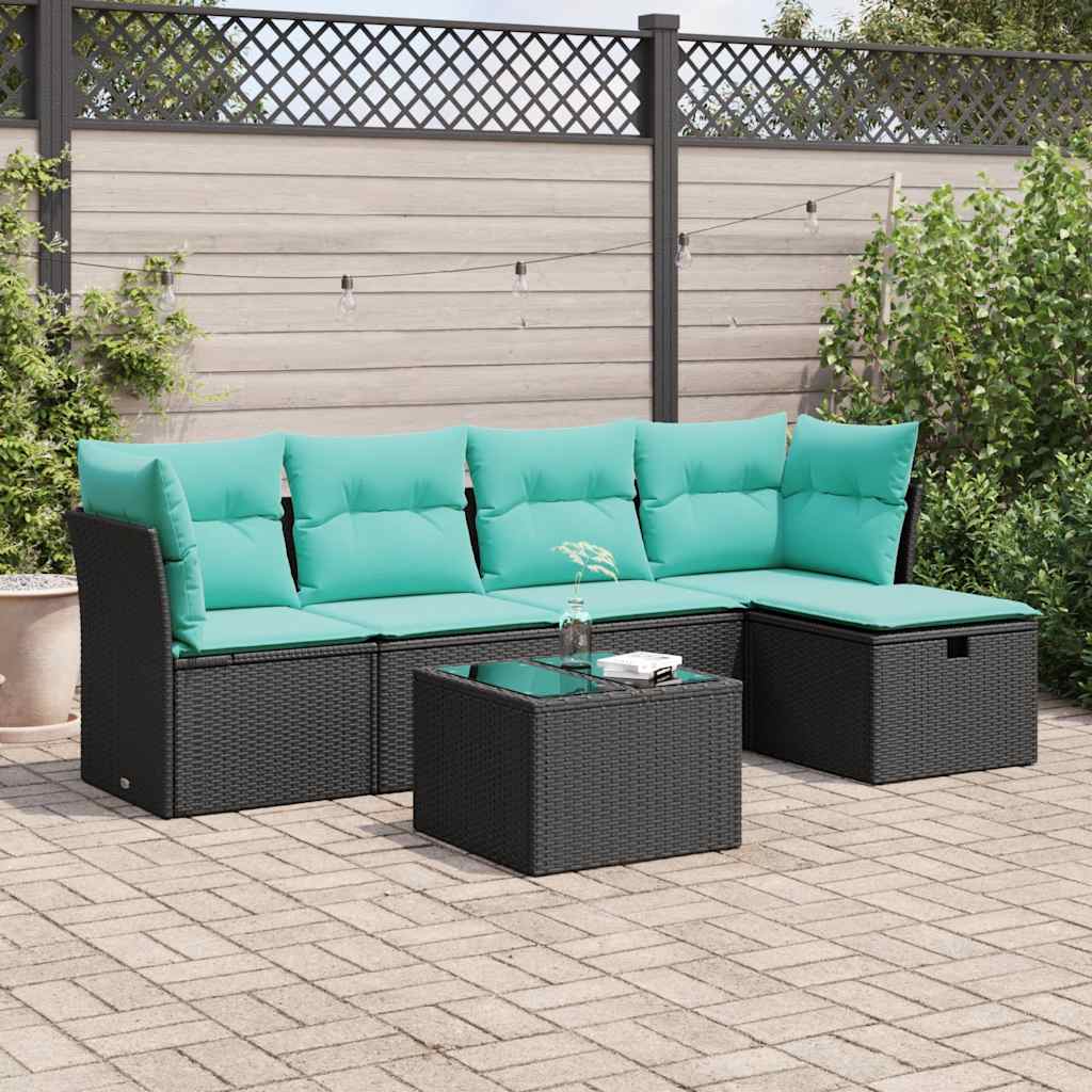 Sofasæt til haven i polyrattan - 6 dele, sort med blå hynder