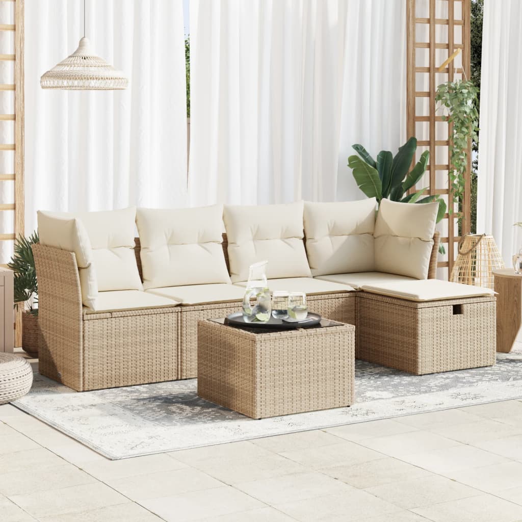 vidaXL 6-tlg. Garten-Sofagarnitur mit Kissen Beige Poly Rattan