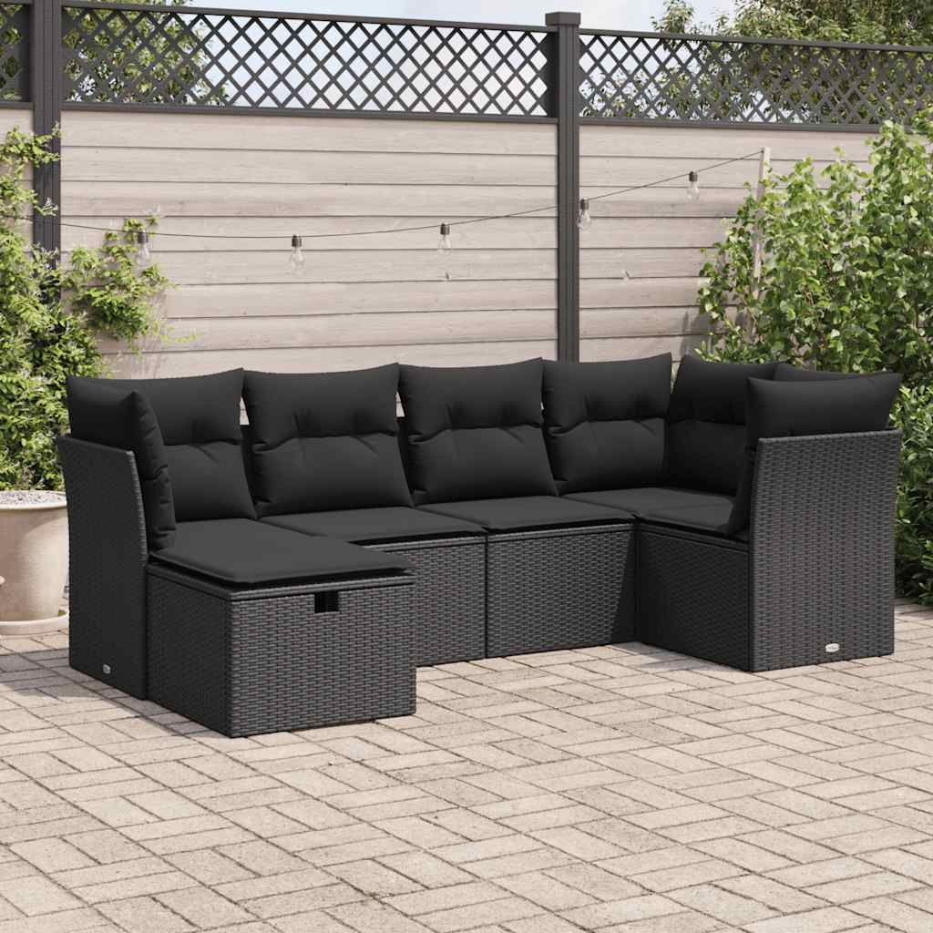 vidaXL 6-tlg. Garten-Sofagarnitur mit Kissen Schwarz Poly Rattan