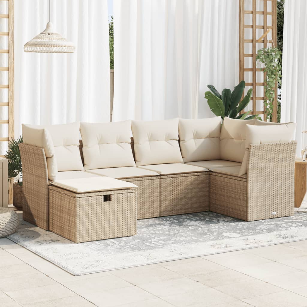 vidaXL 6-tlg. Garten-Sofagarnitur mit Kissen Beige Poly Rattan