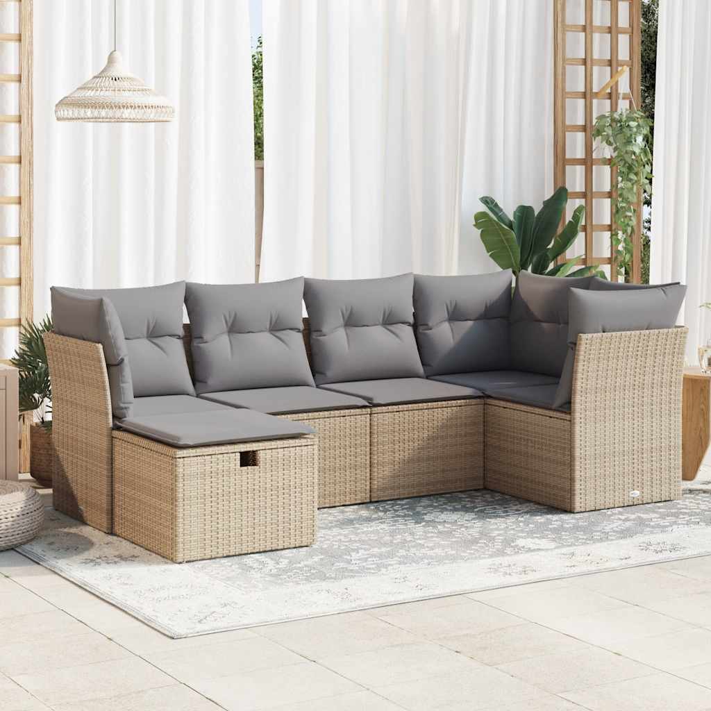 vidaXL 6-tlg. Garten-Sofagarnitur mit Kissen Beige Poly Rattan