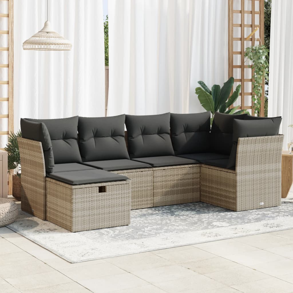 6-tlg. Garten-Sofagarnitur mit Kissen Hellgrau Poly Rattan