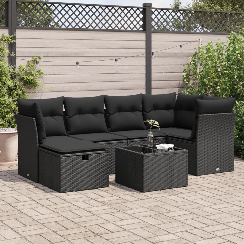 vidaXL 7-tlg. Garten-Sofagarnitur mit Kissen Schwarz Poly Rattan