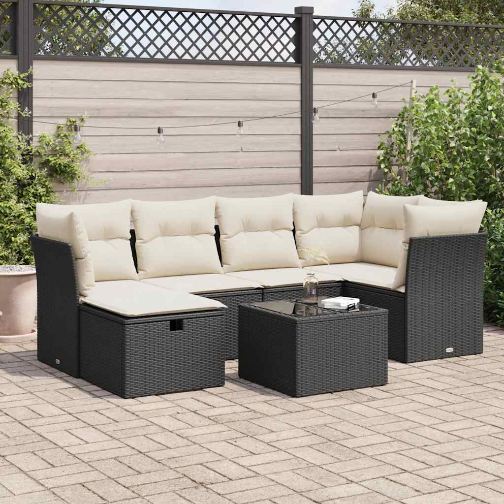 vidaXL 7-tlg. Garten-Sofagarnitur mit Kissen Schwarz Poly Rattan