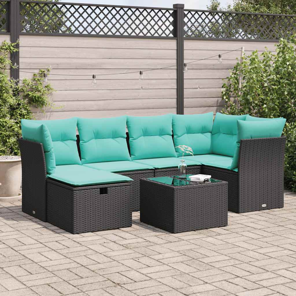 vidaXL 7-tlg. Garten-Sofagarnitur mit Kissen Schwarz Poly Rattan