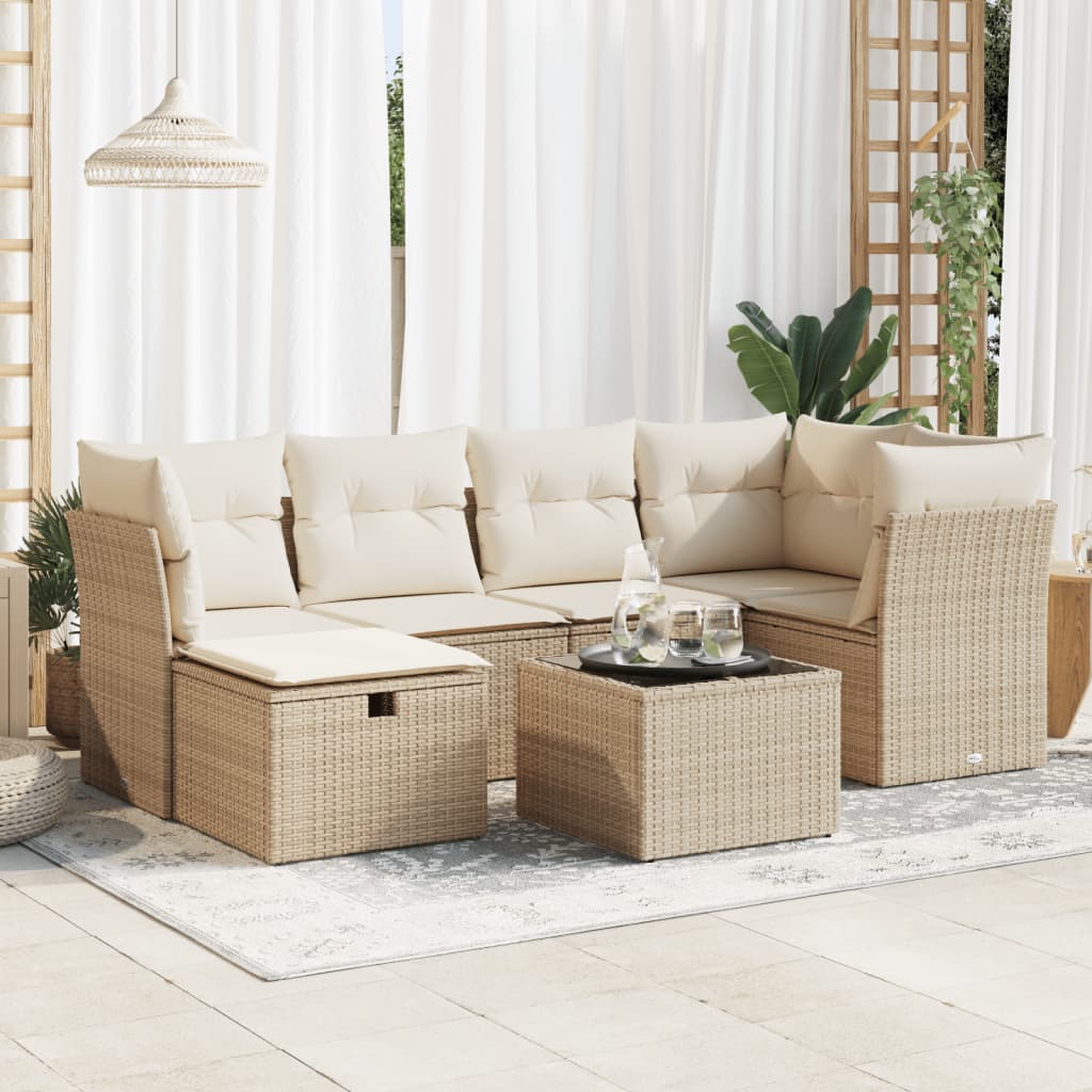 7-tlg. Garten-Sofagarnitur mit Kissen Beige Poly Rattan