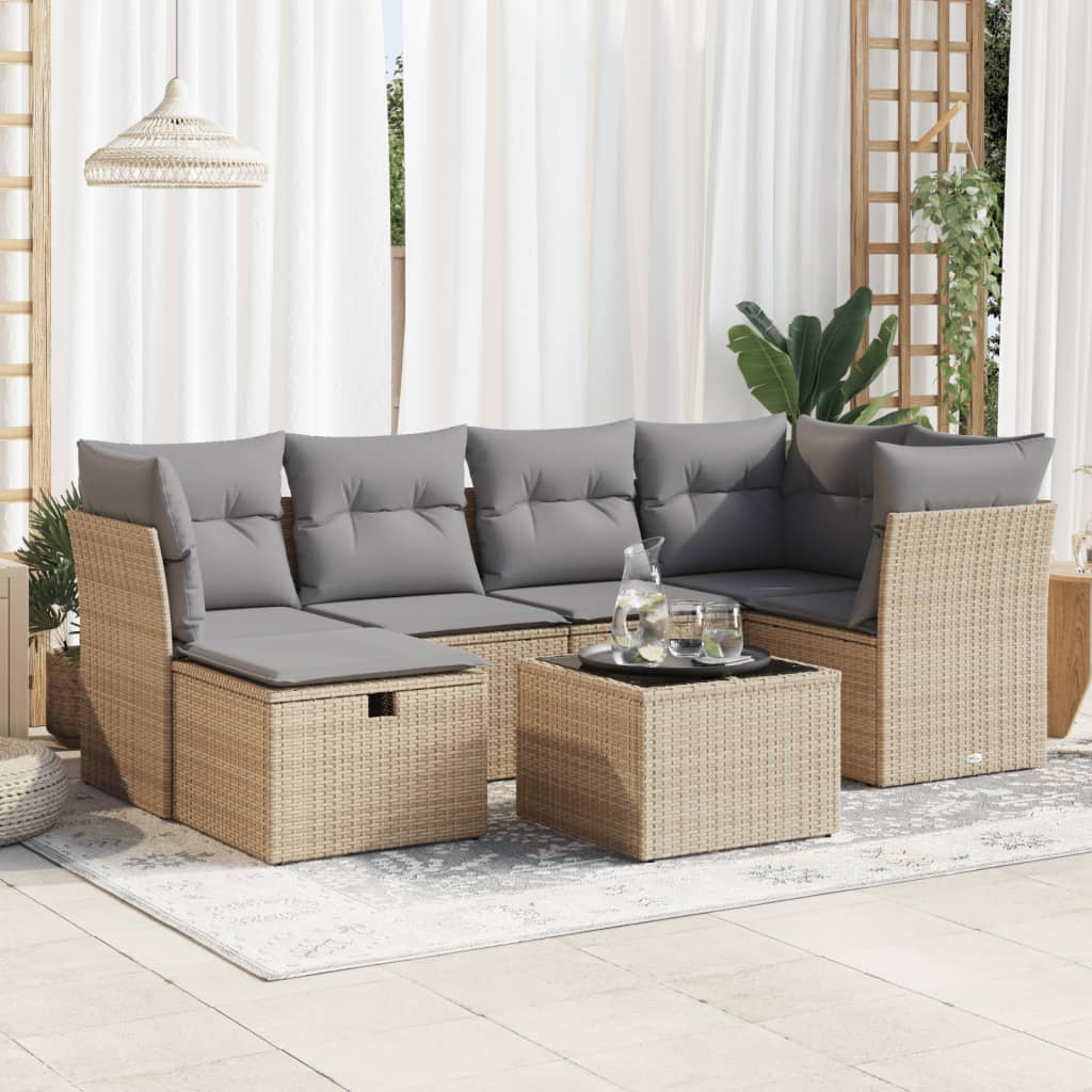 vidaXL 7-tlg. Garten-Sofagarnitur mit Kissen Beige Poly Rattan