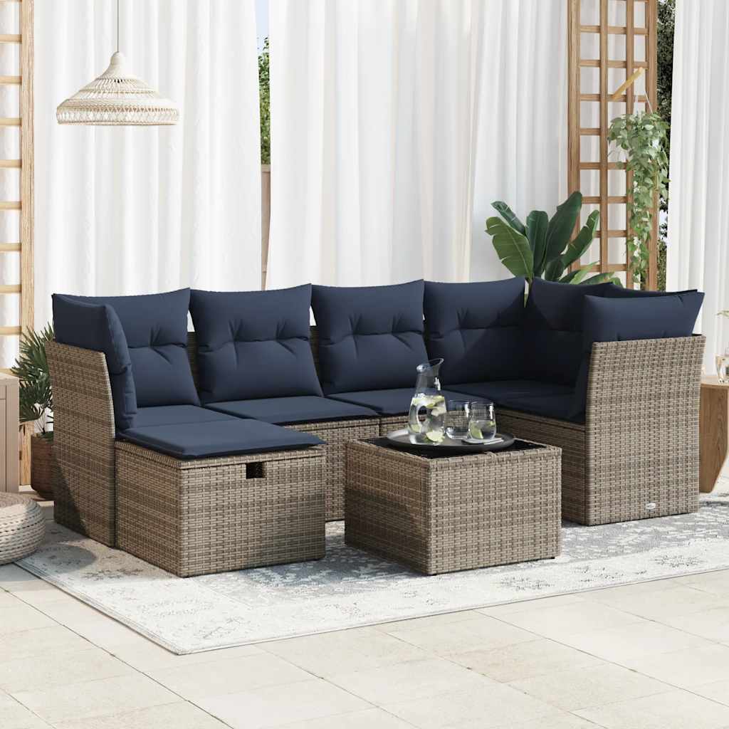 vidaXL 7-tlg. Garten-Sofagarnitur mit Kissen Grau Poly Rattan